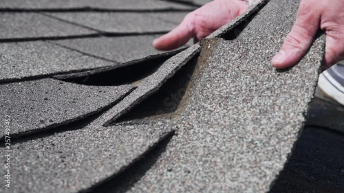 Roof inspector showing loose shingles on old asphalt roof 