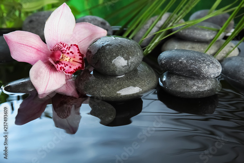 Fototapeta Naklejka Na Ścianę i Meble -  Zen stones and beautiful exotic flower in water