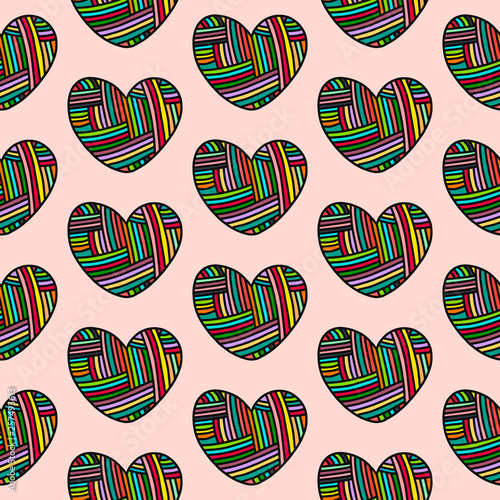 Knit wool heart hand drawn seamless pattern in cartoon style