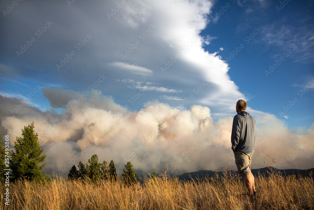 Man watching Lolo Peak Fire blow up in heavy winds from top of Blue Mountain near Missoula, Montana, USA Man watching Lolo Peak Fire blow up in heavy winds from top of Blue Mountain near Missoula, Montana, USA