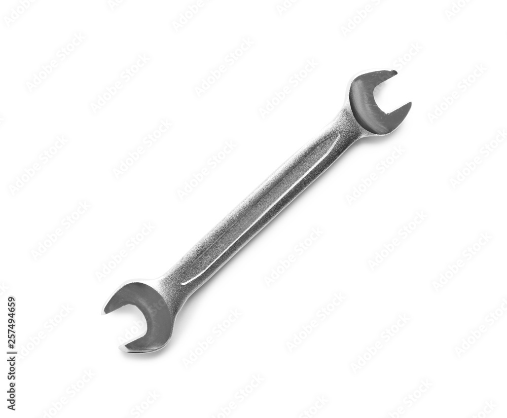 New wrench on white background, top view. Plumber tools New wrench on white background, top view. Plumber tools