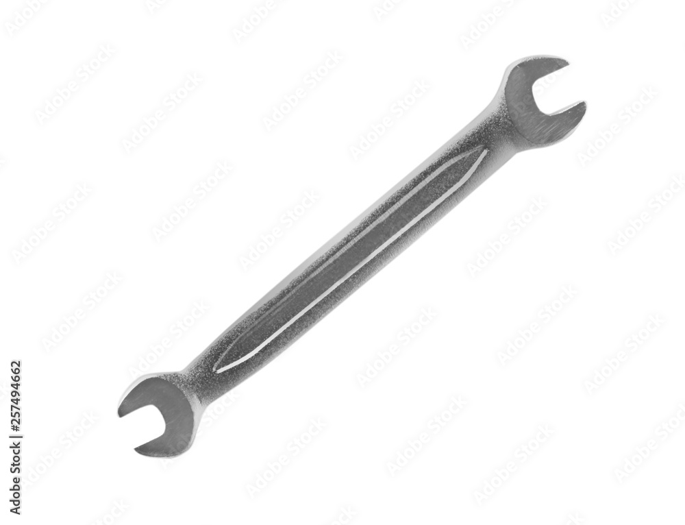 New wrench on white background, top view. Plumber tools New wrench on white background, top view. Plumber tools