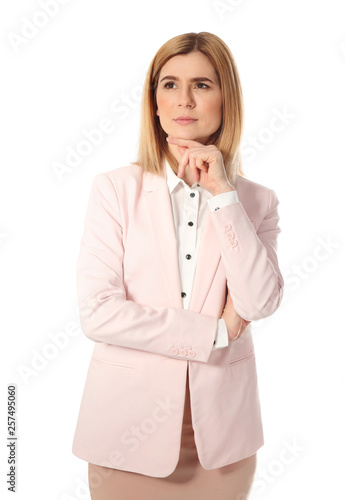 Bild auf Leinwand Portrait of pensive businesswoman on white background