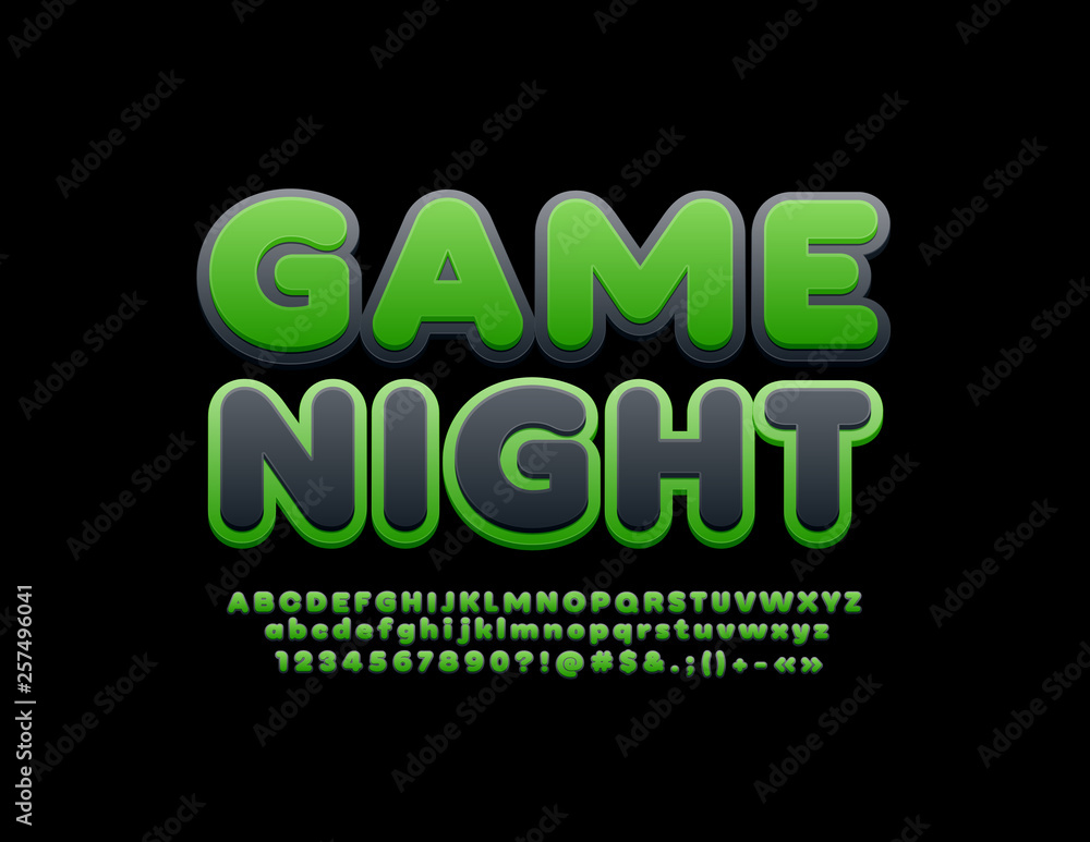 Vector bright emblem Game Night. Green and Black Font. Colorful Alphabet Letters, Numbers and Symbols. Vector bright emblem Game Night. Green and Black Font. Colorful Alphabet Letters, Numbers and Symbols.