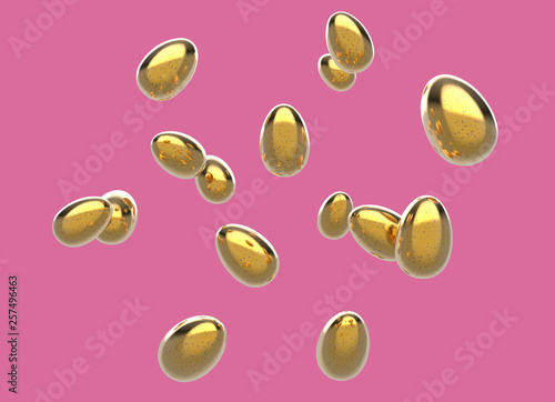 Golden Easter Eggs Flying on a pink background. Realistic 3D rendering.