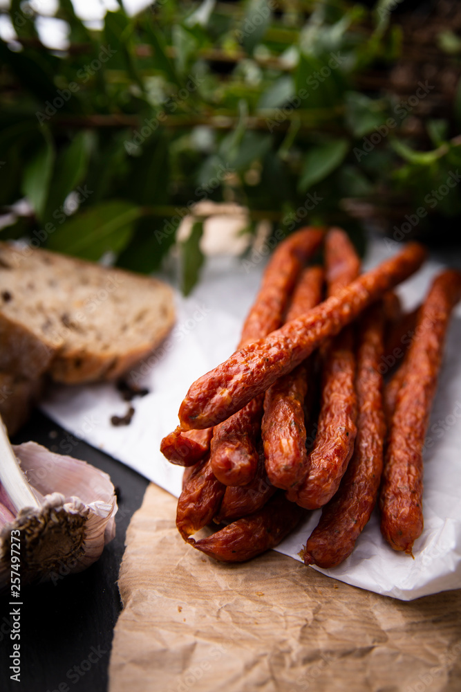 Dry sausage. Smoked sausages. Country sausage, homemade sausage.