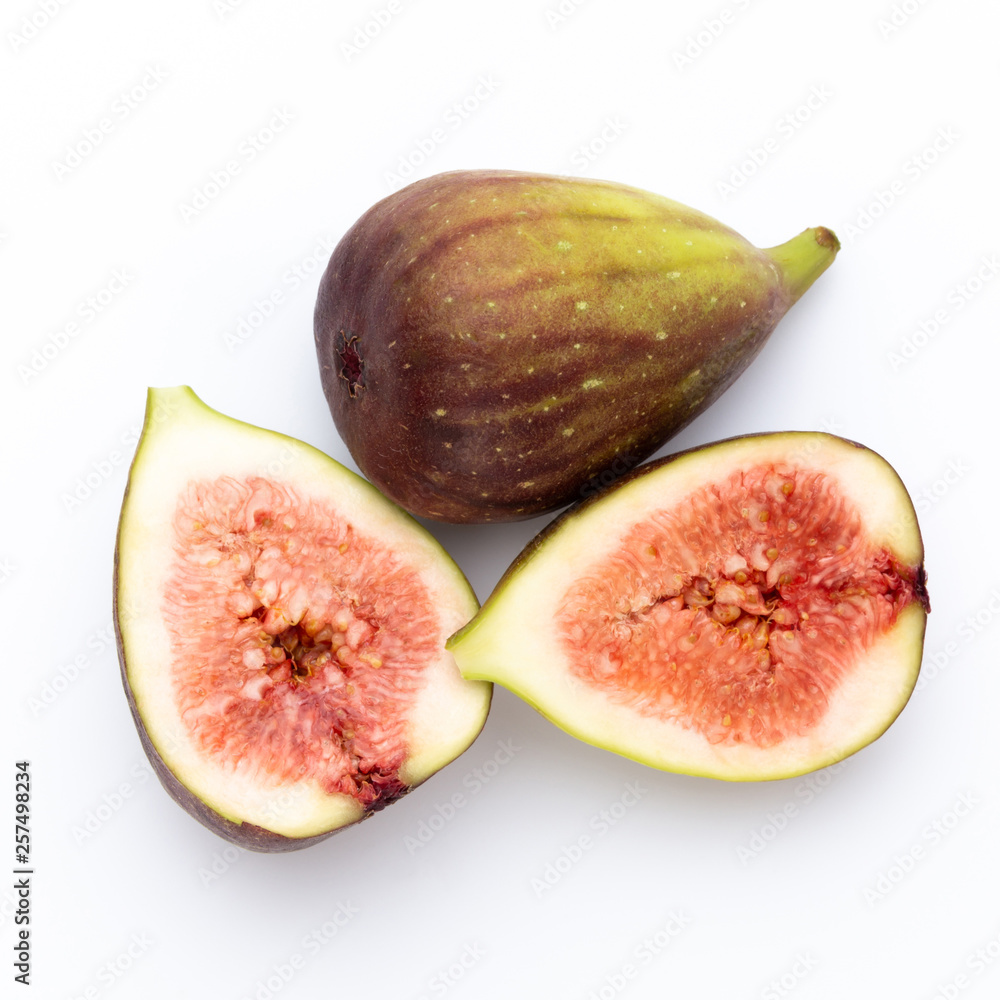 Fig fruits isolated on white background. Top view. Flat lay pattern Fig fruits isolated on white background. Top view. Flat lay pattern