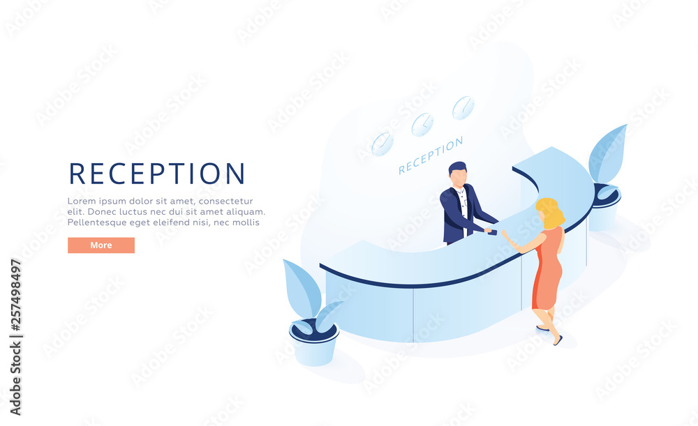 Hotel Reception Isometric Vector. Hotel Receptionist at Counter Welcoming Newly Arrived Guest with Luggage, Giving Key