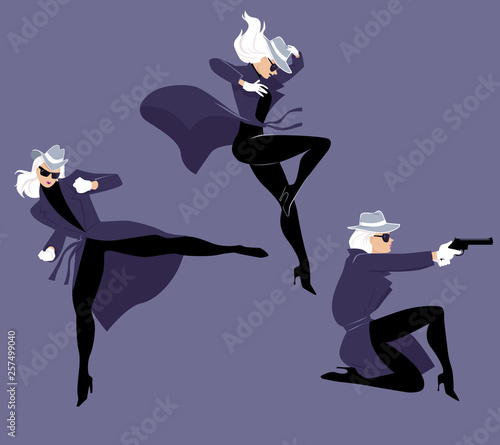 Mystery woman character in three action poses, EPS 8 vector illustration