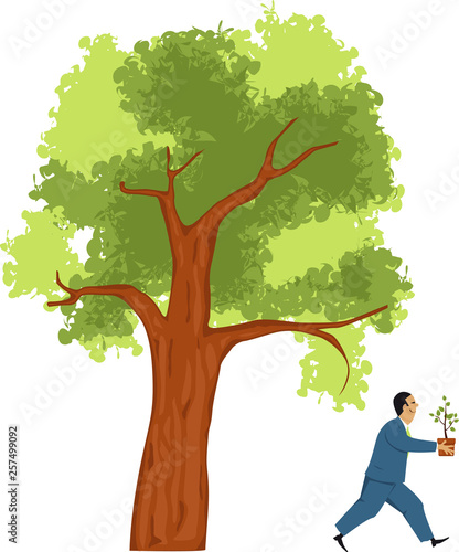 Businessman taking a small sprout from a big tree as a metaphor for branching out or diversifying business venture, EPS 8 vector illustration 