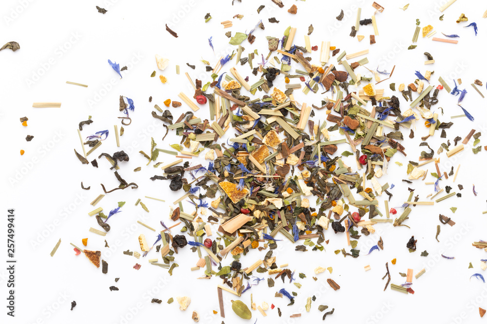 Herbal tea on a white background. Top view. Herbal tea on a white background. Top view.