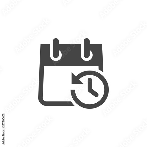 Icon of Calendar with Clock and Arrow in Opposite Direction. Schedule, Agenda, Organizer, Timepiece, Countdown, Timer, Reminder, Time Management Batch. Vector Isolated for Web and App in Glyph Design