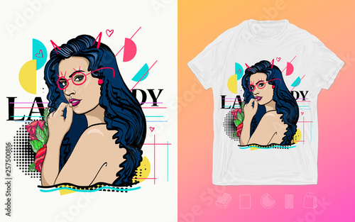 Fashion woman. Zine culture style. Elegant romantic girl. Print for t-shirts and another, trendy apparel design
