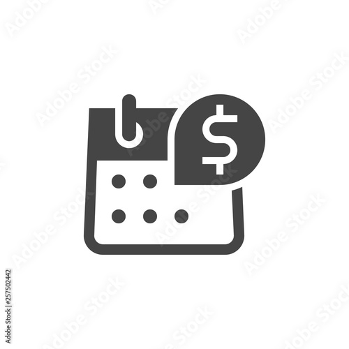 Icon of Calendar with Dollar Sign. Day of Salary, Payment, Accrual of Cash Dividends Concept. Time Management Black Flat Sign. Vector graphic Logo for Web and App in Glyph Style. Illustration Isolated