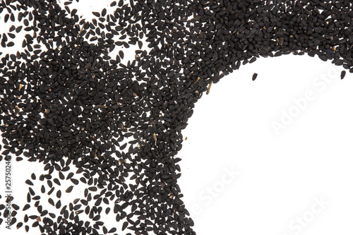 Lot of whole black cumin seeds copyspace flatlay isolated on white background photo