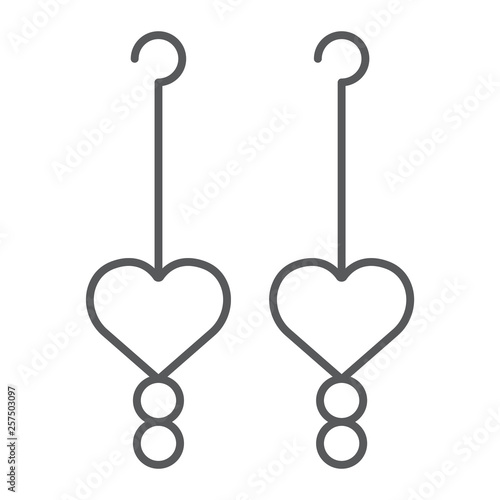 Heart earrings thin line icon, love and jewelry, jewel sign, vector graphics, a linear pattern on a white background.