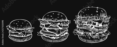 Hamburgers set vector logo design template. Fast food or restaurant icons. Hand drawn illustration of hamburger burgers sandwich sketch style.