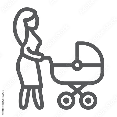 Mom with carriage line icon, care and child, woman with pram sign, vector graphics, a linear pattern on a white background.