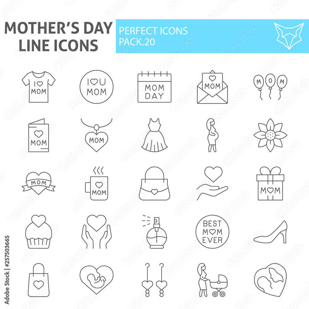 Mothers day thin line icon set, motherhood symbols collection, vector sketches, logo illustrations, mom signs linear pictograms package isolated on white background.