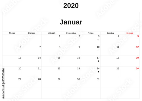 2020 a monthly calendar  with white background in German.