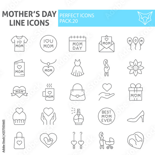 Mothers day thin line icon set, motherhood symbols collection, vector sketches, logo illustrations, mom signs linear pictograms package isolated on white background.
