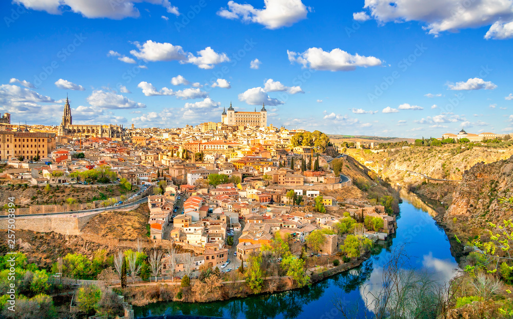 View of the historic city of Toledo with river Tagus, Spain. UNESCO world heritage site.