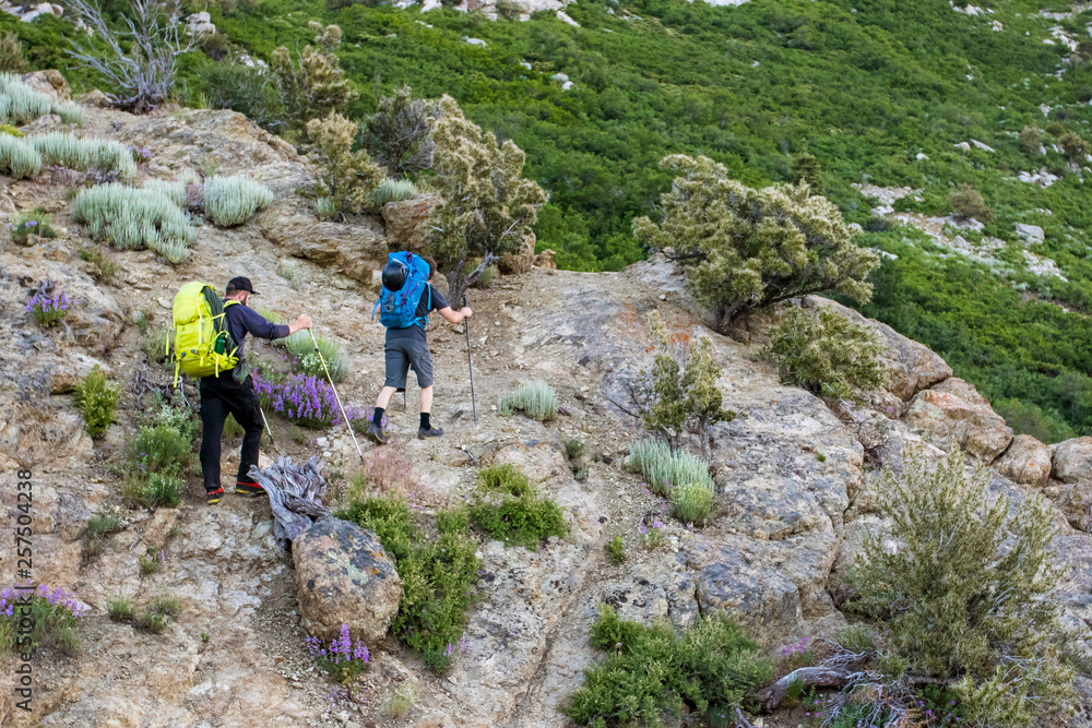 Two Men Hike In Towards Utah's Lone Peak Located In The Wasatch Mountains Two Men Hike In Towards Utah's Lone Peak Located In The Wasatch Mountains
