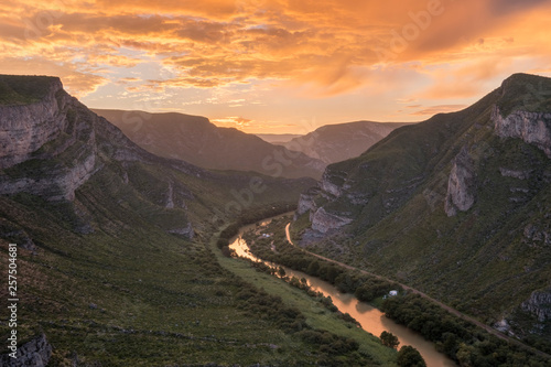 View of Nazas River at sunrise in area of Canon de Fernandez in Durango, Mexico