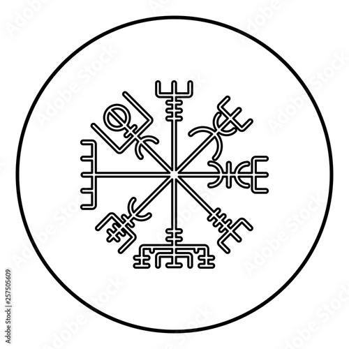 Vegvisir runic compass galdrastav Navigation compass symbol icon outline black color vector in circle round illustration flat style image photo