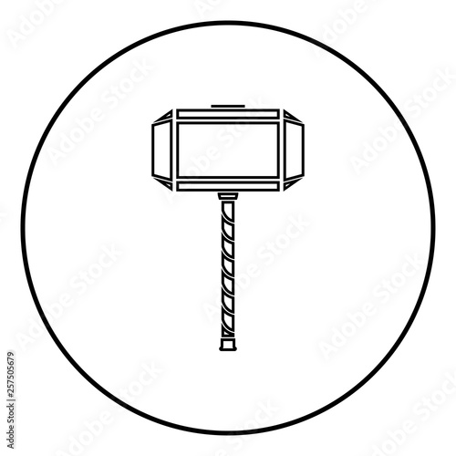 Thor's hammer Mjolnir icon outline black color vector in circle round illustration flat style image