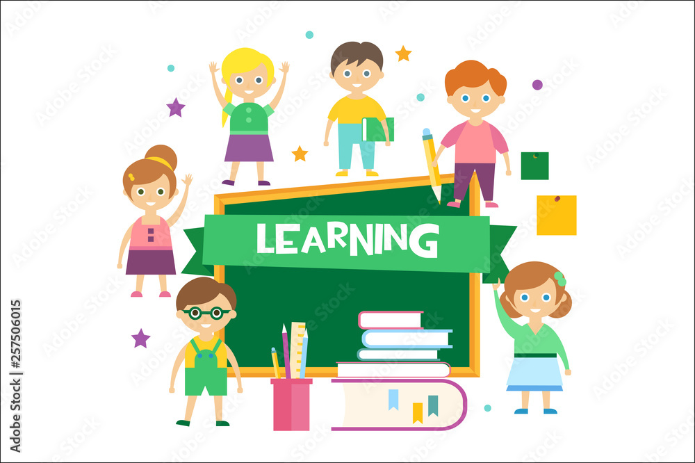 Learning, happy schoolkids and blackboard, kids education concept vector Illustration on a white background Learning, happy schoolkids and blackboard, kids education concept vector Illustration on a white background