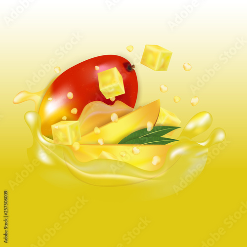 Mango juice splash. Fresh fruit 3d realistic vector illustration. Package design or poster.