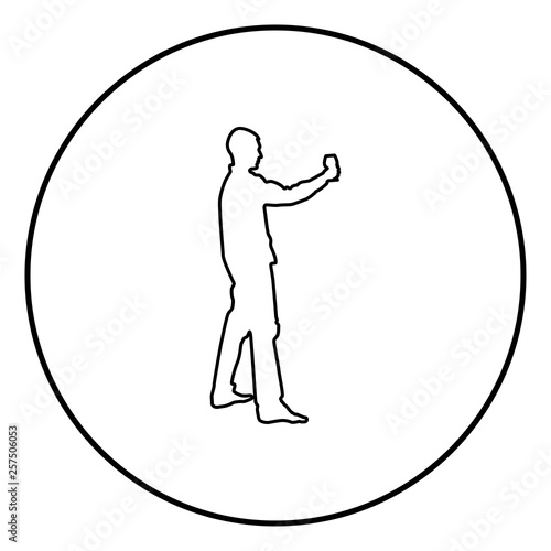 Man holds in long hand glass of wine about to make toast Holiday concept icon outline black color vector in circle round illustration flat style image