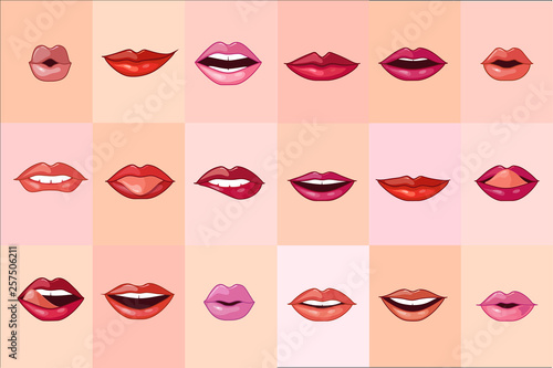 Beautiful female mouth set, red lips with with variety emotions vector Illustrations