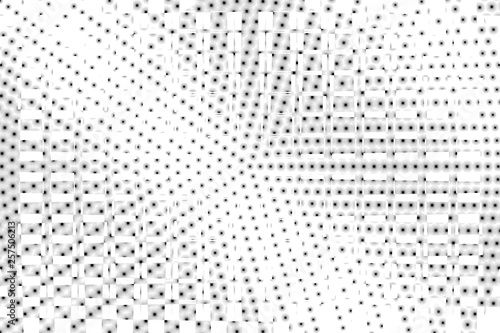 Black white blurry halftone vector background. Centered dot gradient. Gray dotwork surface. Round dotted halftone.