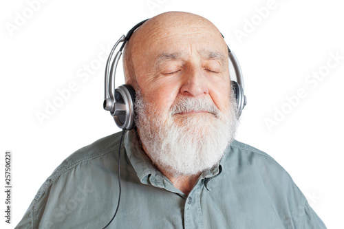 old man with headphones isolated on white background