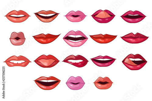 Beautiful female mouth set, red lips with with variety emotions and makeup vector Illustrations on a white background
