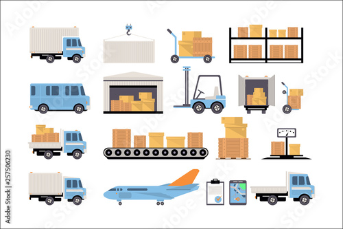 Warehouse and logistic set, shelves with goods, delivery truck, airplane, scales, cardboard boxes, delivery and storage concept vector Illustrations on a white background