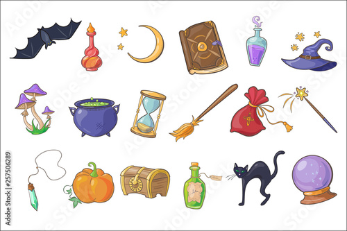 Halloween magic signs set, wizard hat, magic book, potion, broom, crystal ball, chest, hourglass, pumpkin, bat vector Illustrations