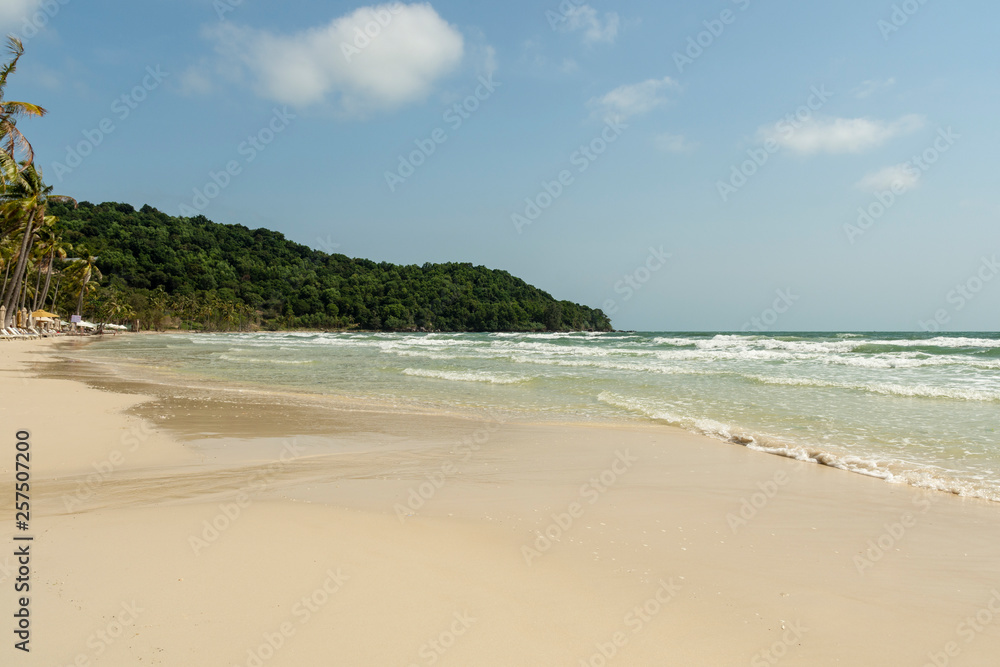 Sao Beach on Phu Quoc Island  with a perfect sandy beach with rain forest down to the sea.