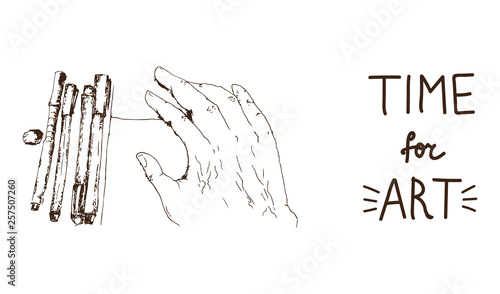 vector minimalistic illustration of a human hand with liners and album sheet augmented with Time for Art inscription.