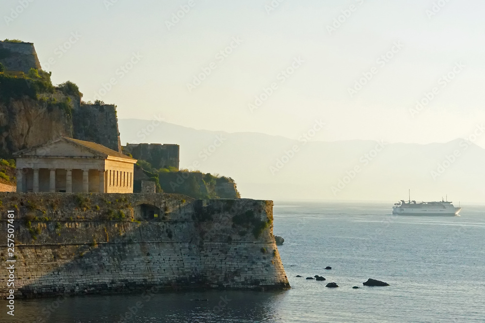 View of the bay and old fortress from the Spianada Square in Corfu Town