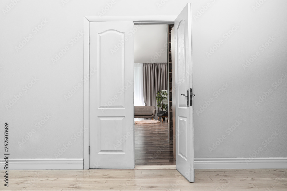 Stylish room interior, view through open door Stylish room interior, view through open door