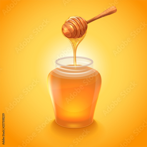 Glass jar of honey with wooden honey dipper. Graphic concept for your design