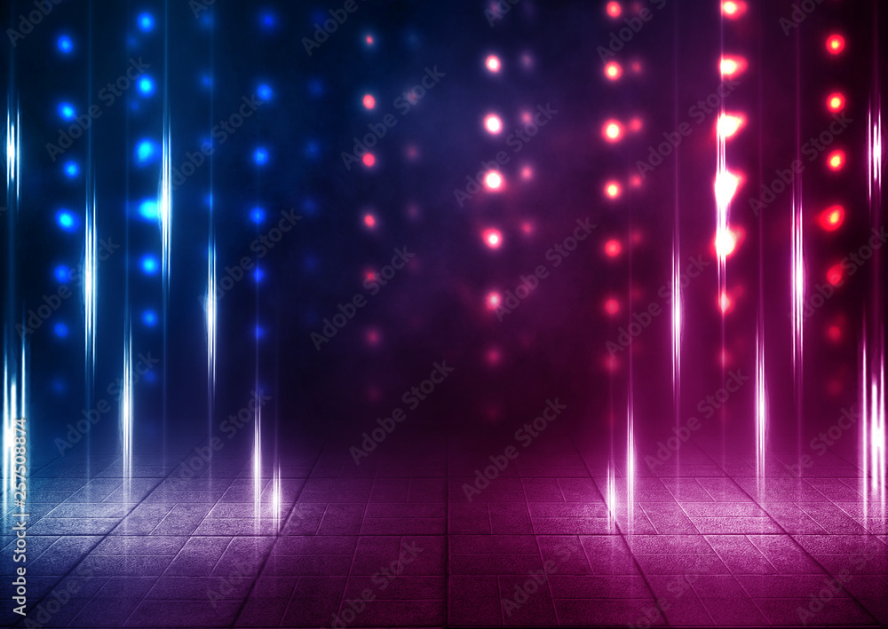 Dark empty stage, multicolored rays of neon searchlight, wet asphalt, smoke, night shooting, bokeh color.