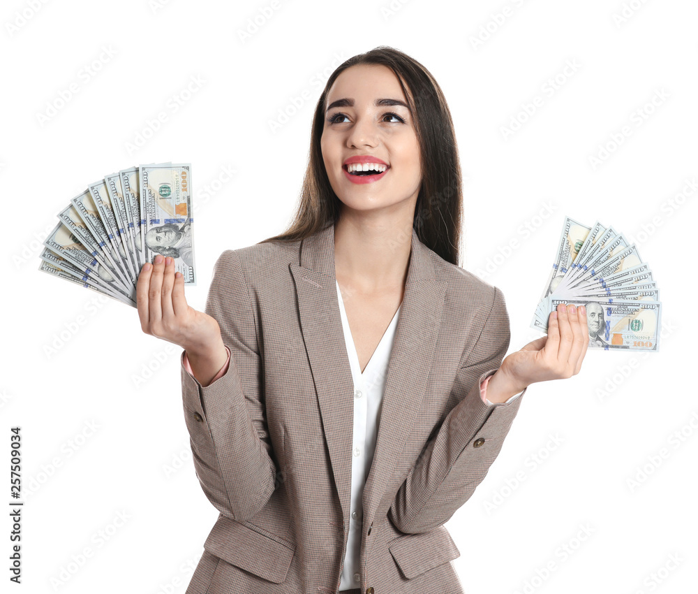Portrait of happy young businesswoman with money on white background Portrait of happy young businesswoman with money on white background