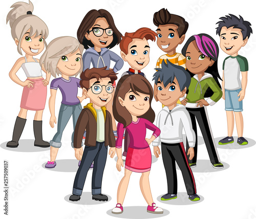 Group of cartoon young children. Teenagers.