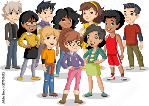 Group of cartoon young children. Teenagers.