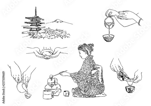 Digital drawn Chinese and Japanese tea objects. Tea's ceremony, teapots, bowls and other elements in sketchy style. Set for teashop, restaurant or magazine. For cards, decoration, postcard and etc.