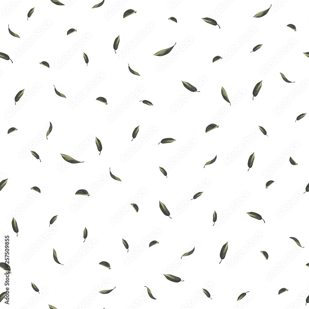 Seamless floral pattern with green leaves on white background.
